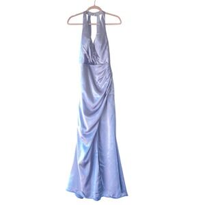 GALINA Signature Dusty Blue Satin Halter Formal PROM Dress Sz 4 MERMAID